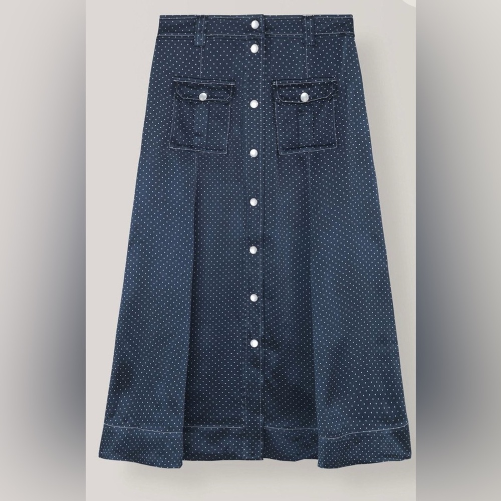 Ganni Dark Blue A-Line Skirt with Polka Dots